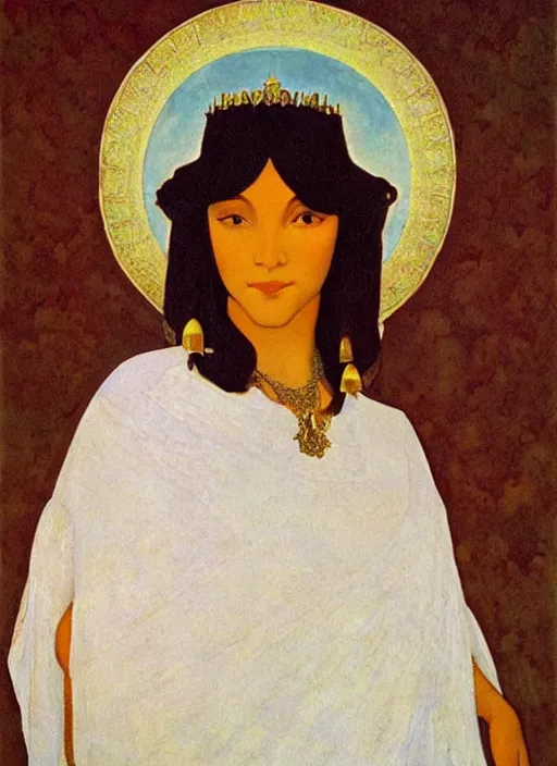 Image similar to an oil painting a queen with dark hair and white fair skin standing on a throne by maxfield parrish, by nicholas roerich, highly detailed, realistic, realism, oil painting, 1 9 th