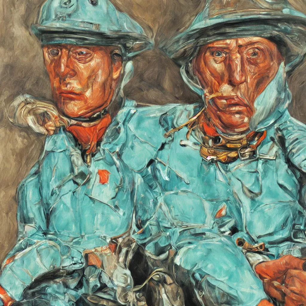 Image similar to high quality high detail painting by lucian freud, jenny savile, portrait of fire trooper, turquoise, hd