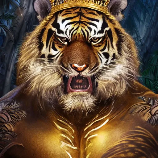 Prompt: a very high detailed tiger crossed with a muscular human body, wearing a very detailed golden kings crown, tattoo on shoulder, in a highly detailed jungle, full body, symmetric, Golden crown, crown on head, digital art, concept art, greg rutkowski, Nikolai Karelin, Hou China, trending artstation