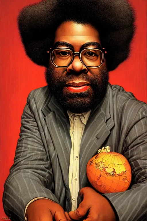 Image similar to portrait of questlove from the roots by gil elvgren and norman rockwell and rob gonsalves and hajime sorayama, hyperrealistic, high detail, ultra detailed, highly detailed face, ruffled fabric