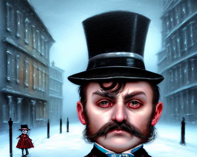 Image similar to closeup profile portrait of jack the ripper walking the streets of victorian london, nicoletta ceccoli, mark ryden, lostfish, max fleischer, hyper realistic, artstation, illustration, digital paint, matte paint, vivid colors, bright, cheerful, detailed and intricate snow environment