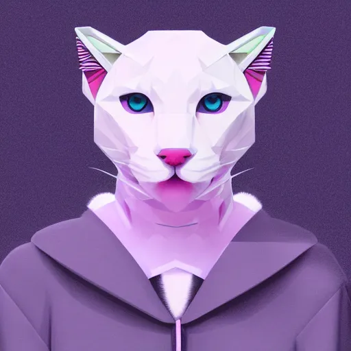 Prompt: aesthetic albino panther fursona portrait, commission of a anthropomorphic kitten, fursona wearing stylish clothes, holographic winter armosphere, pastel simple art, low poly