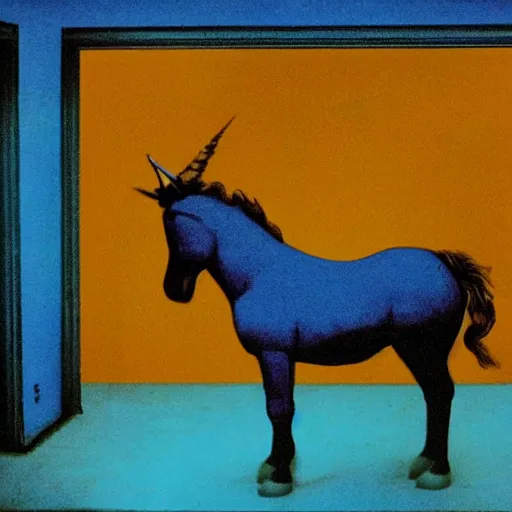 Image similar to a black unicorn in a blue and gold haunted liminal abandoned room, film still by david lynch, limited color palette, very intricate, art noveau, highly detailed, strong lights, liminal, eerie, bright pastel colors