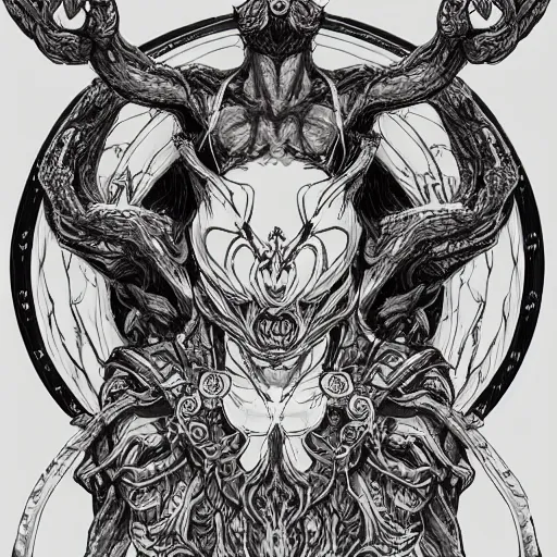 Image similar to 4K headshot of godlike Shub-Niggurath with defined arms and open hands and bloody clothes with giant mandala wings , intricate face , flawless anime cel animation by Kentaro Miura, psychedelic , highly detailed upper body , professionally post-processed , beautiful, scary, symmetry accurate features, epic, octane rendered, anime masterpiece, accurate