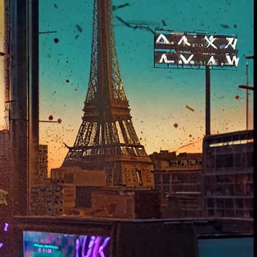 Prompt: A beautiful intricate 8K award-winning ground-level cinematic movie photograph of the future destroyed and decaying Eiffel Tower made of neon, surrounded by broken corporate video billboard displays. in the year 2050, by Bruno Delbonnel and greg rutkowski. Arri Alexa 65, IMAX 70mm footage. Dirty billboards. Cinematic lighting