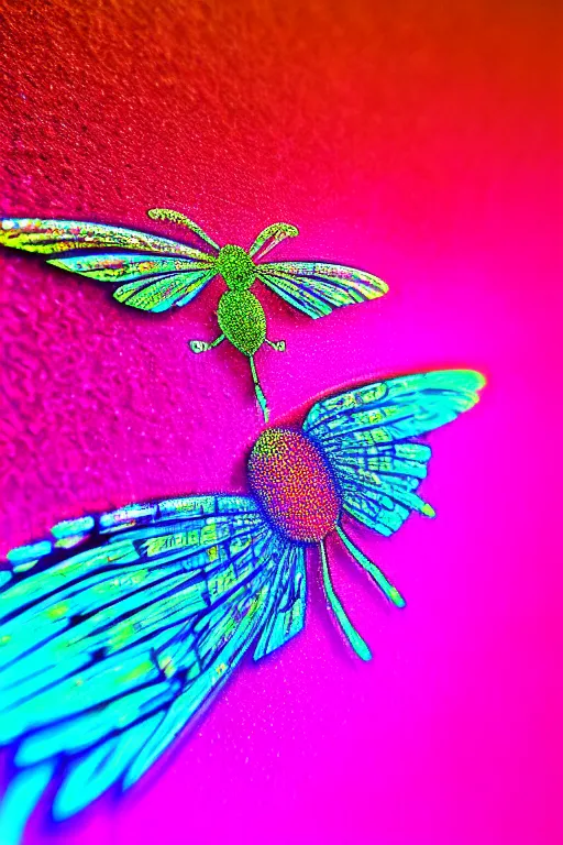 Image similar to high quality macro photo holographic graffiti fly! jeweled gorgeous! highly detailed digital art david ligare elson peter cinematic pink neon lighting high quality low angle hd 8k sharp shallow depth of field