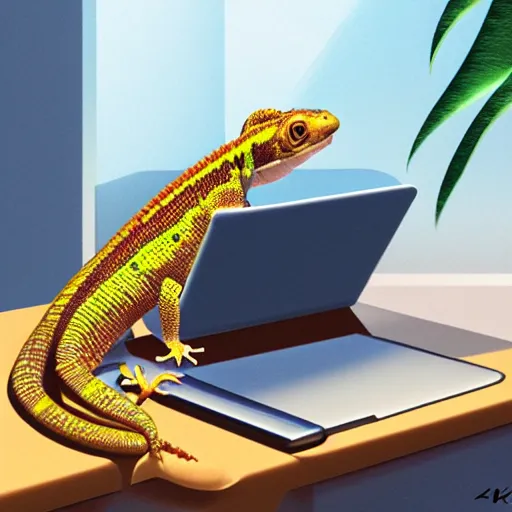 Prompt: portrait of a gecko working at a laptop, photorealistic, artstation, digital art 4k