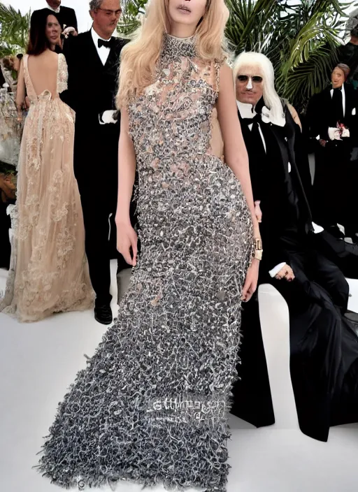 Image similar to A beautiful portrait of Hana Jirickova at amfAR Gala Cannes 2017 at Hotel du Cap-Eden-Roc, highly detailed, in the style of cinematic, Getty images, Makeup by Pat McGrath, Hair by guido palau, Greg rutkowski