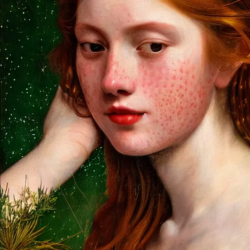 Image similar to portrait of a happy young woman, among the lights of golden fireflies and nature, long loose red hair, intricate details, green eyes, hint of freckles, round gentle face, gorgeous dress, deep focus, smooth, sharp, golden ratio, hyper realistic digital art by artemisia lomi gentileschi and caravaggio and artgerm
