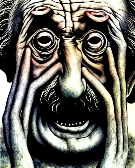 Prompt: close up portrait of very old suffering albert einstein crying with no eyes and hands for face drawn by beksinski, high definition, lovecraftian