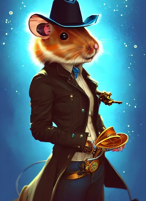 Prompt: style artgerm, joshua middleton, illustration, anthropomorphic hamster as cowboy steampunk, blue fur, swirling water cosmos, fantasy, dnd, cinematic lighting