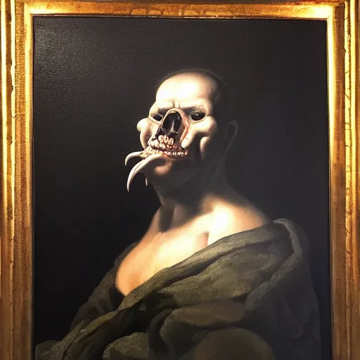 Prompt: oil painting with black background by christian rex van minnen rachel ruysch dali todd schorr of a chiaroscuro portrait of an extremely bizarre disturbing mutated man with acne intense chiaroscuro cast shadows obscuring features dramatic lighting perfect composition masterpiece
