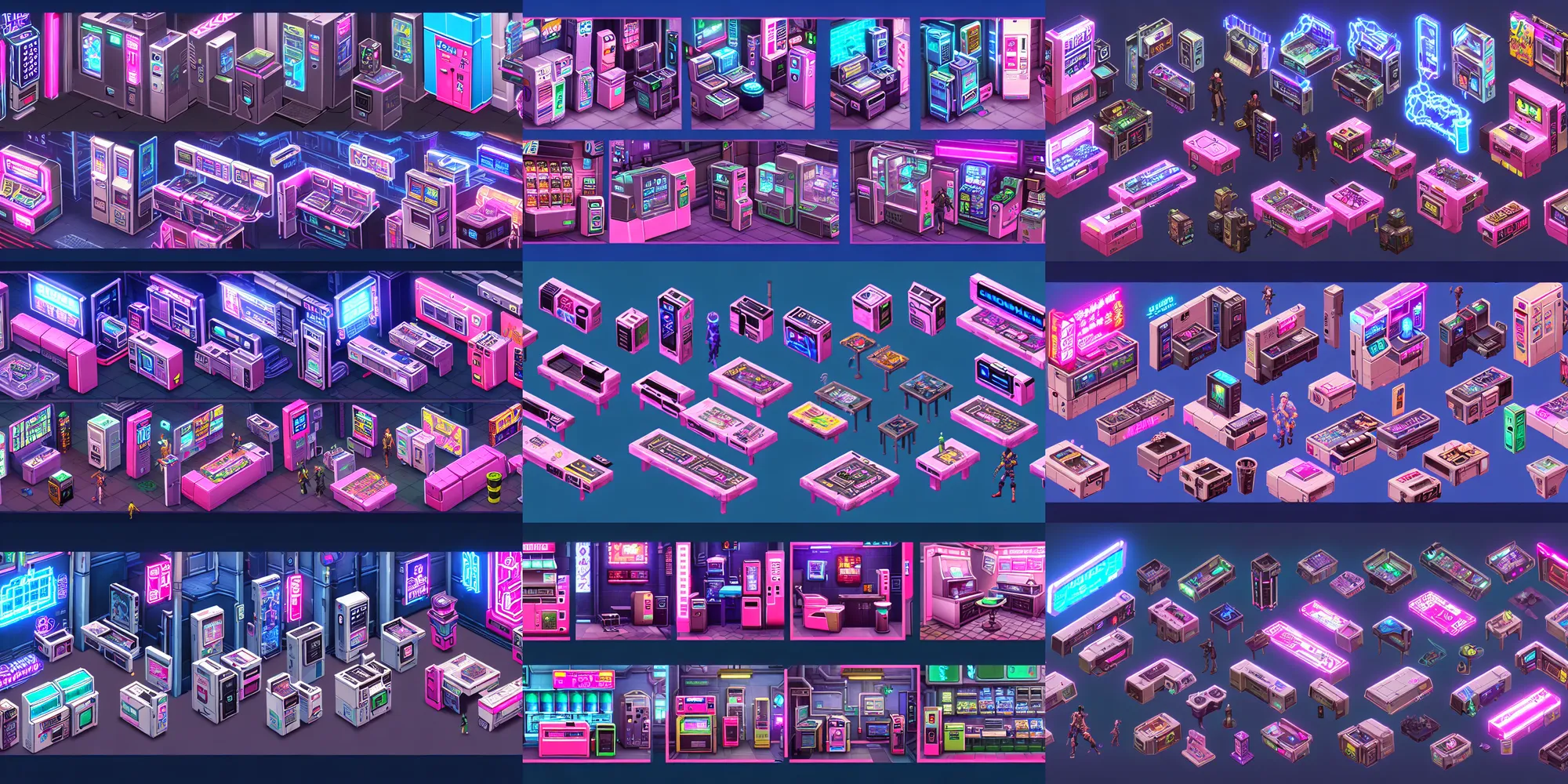 Prompt: game asset of the sims cyberpunk hongkong shadowrun furniture and decor, no characters, in gouache detailed paintings, vending machines, computer and console and mechanical, props, stylized, 2 d sprites, kitbash, arcane, overwatch, blue and pink color scheme, 8 k, close up