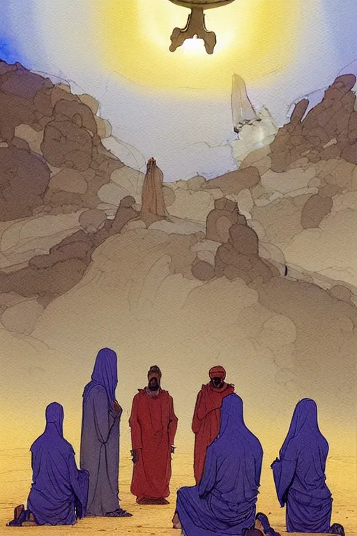 Image similar to a hyperrealist watercolour character concept art portrait of a group of middle eastern men kneeling down in prayer in front of a giant angel on a misty night in the desert. a ufo is in the background. by rebecca guay, michael kaluta, charles vess and jean moebius giraud