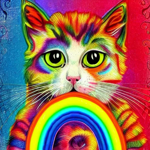 Image similar to portrait friendly cute happy stylish realistic rainbow cat. background in the style of art nouveau. lively. colorful. hd.
