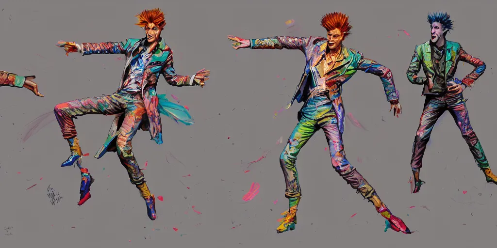 Image similar to cartoonish david bowie dancing, vivid colors, character sheet, fine details, concept design, contrast, kim jung gi, greg rutkowski, trending on artstation, 8 k, full body, turnaround, front view, back view, ultra wide angle