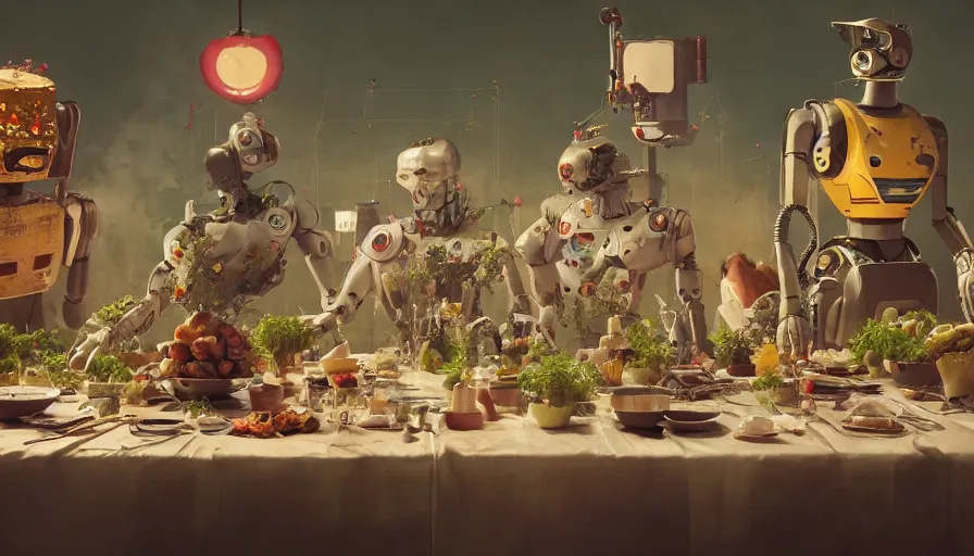 Image similar to a table dinner of robots where robots are dressed like the characters from the midsommar movie, cinematic, hyperdetailed, octane render, trending on art station, ultrarealistic