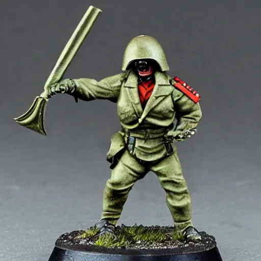 Image similar to an excited Death Korps of Kreig soldier wearing grey and wielding a shovel