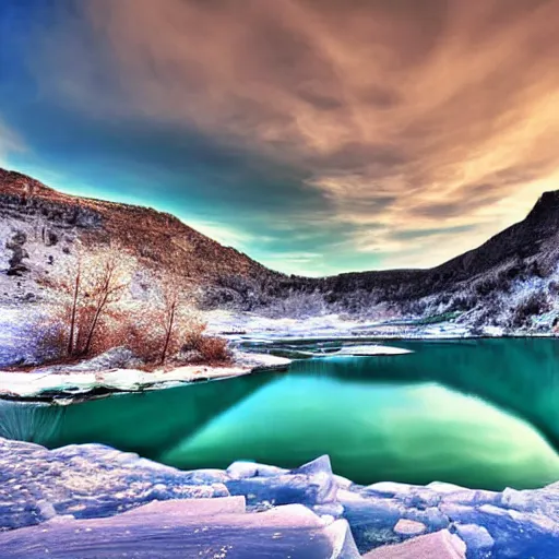 Prompt: a beautiful turquoise frozen lake surrounded by cubic rock formations. the sunlight gleams off the ice and illuminates the water underneath. award winning digital art.