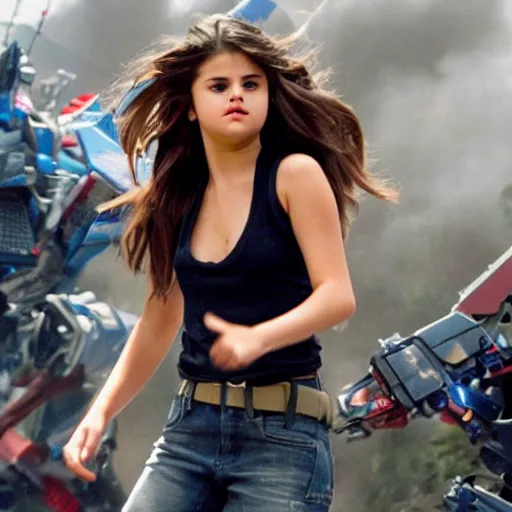 Image similar to High quality movie still of Selena Gomez as Mikaela in Michael Bay's Transformers