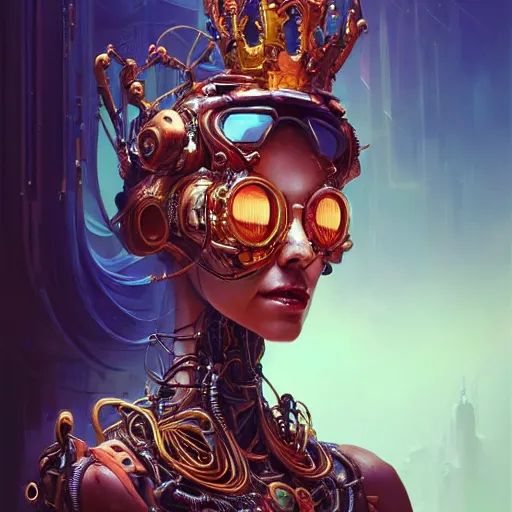 Image similar to portrait biomechanical spider king, cyberpunk, bionics, augments, lights, cables, elegant gleaming intricate baroque jewellery, colorful, vivid, imposing, epic, digital painting, artstation, concept art, by peter mohrbacher and wlop and rhads,