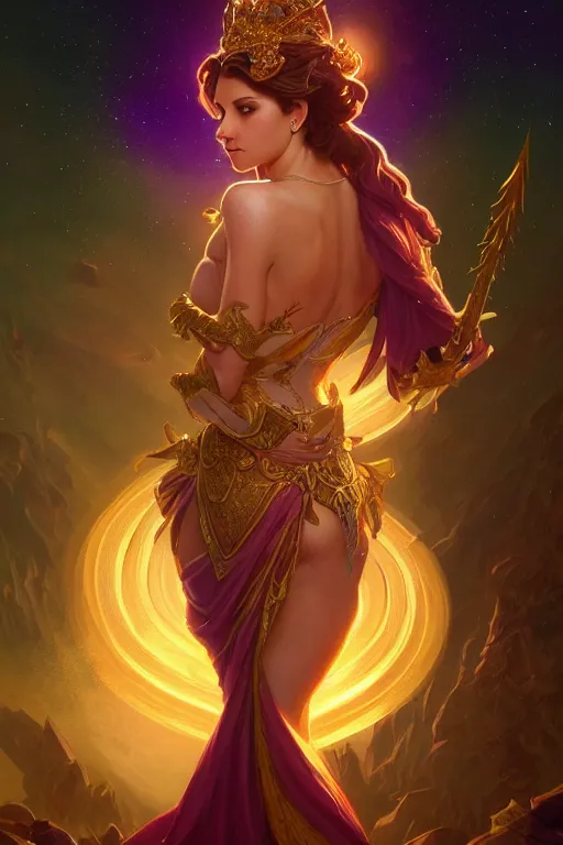 Image similar to beautiful female queen, full body shot, short hair, d & d, golden trims, ethereal background, aurora borealis, fantasy, intricate, elegant, highly detailed, digital painting, artstation, concept art, matte, sharp focus, illustration, hearthstone, art by artgerm and greg rutkowski and alphonse mucha