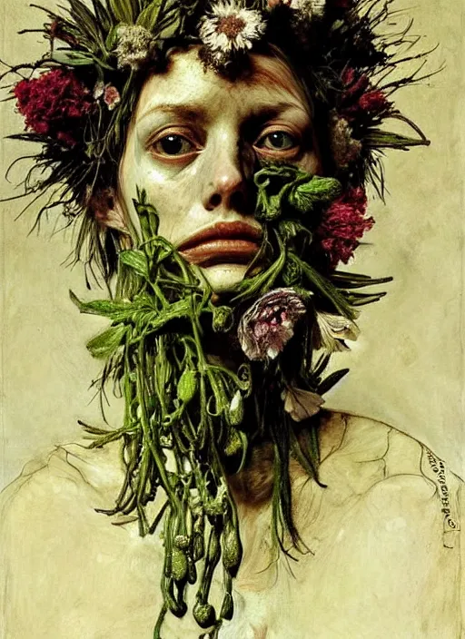 Prompt: beautiful and detailed rotten woman made of plants and many different types of flowers, muscles, intricate, organs, ornate, surreal, john constable, guy denning, gustave courbet, caravaggio, romero ressendi sorolla