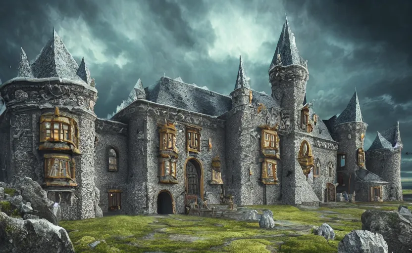 Prompt: medieval baroque castle made of crystal shards, epic landscape, iceland photography, cinematic, octane render, 8 k, art station, dramatic lighting, beautiful dusk sky, concept art, rococo, photo realistic, intense detail