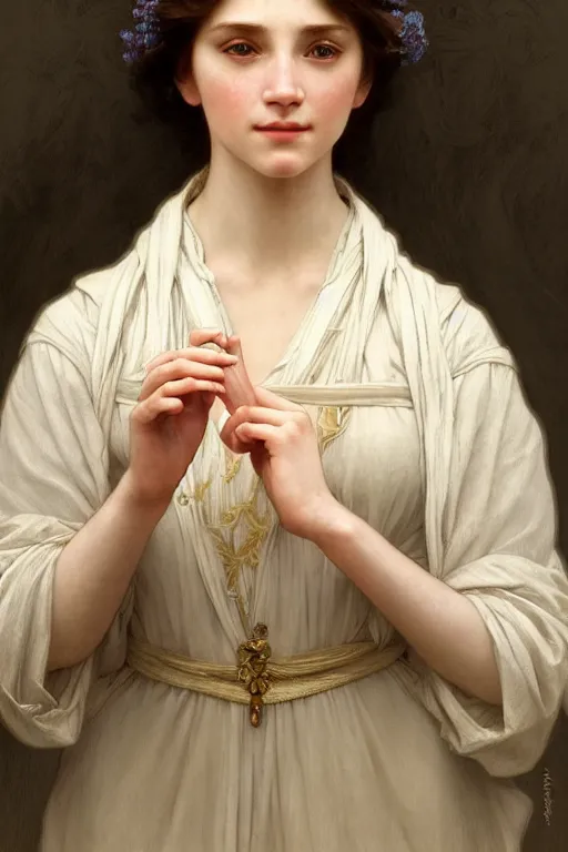 Image similar to Portrait of beautiful pale peasant girl, cinematic lighting, intricate, elegant, highly detailed, digital painting, artstation, smooth, sharp focus, illustration, art by artgerm and greg rutkowski and alphonse mucha and Wayne Barlowe and william-adolphe bouguereau