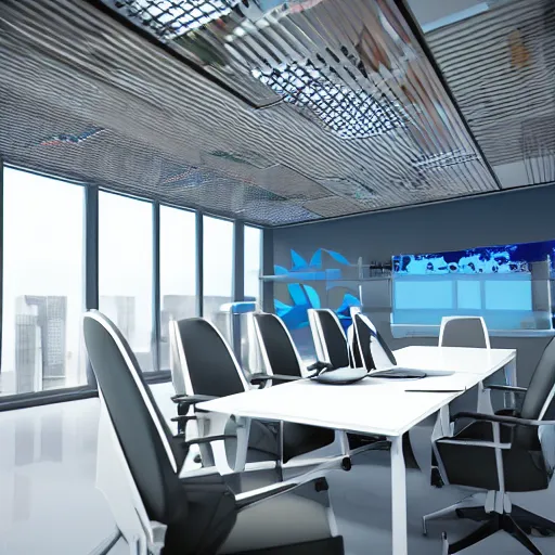 Image similar to futuristic office space, fin - tech company in the future, high detail, 3 d - render,