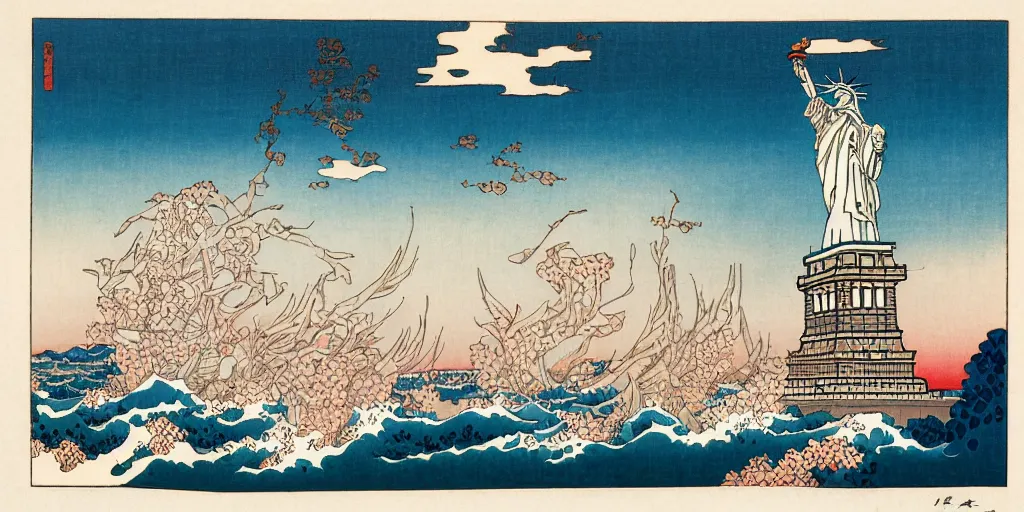 Image similar to i, Statue of liberty by Hokusai