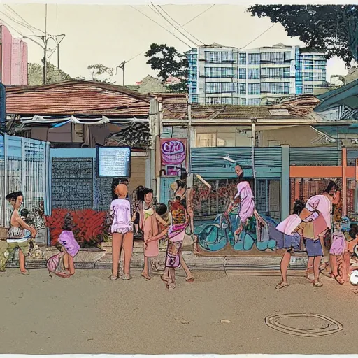 Image similar to a snapshot of daily life in a singaporean neighbourhood, by moebius