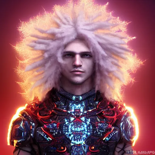 Prompt: the resplendent fractal warrior of Resonance, genetically engineered super soldier, pale androgynous prince with long fluffy blond curly hair, glowing red with white diamonds and black background, high resolution octane render, sci fi