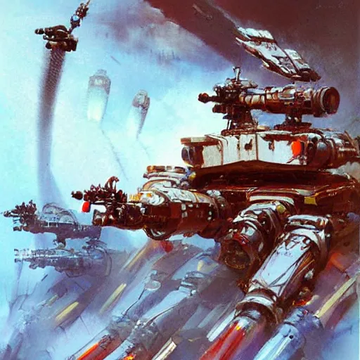 Image similar to a futuristic mech tank with six robot legs and a huge cannon, painting by john berkey