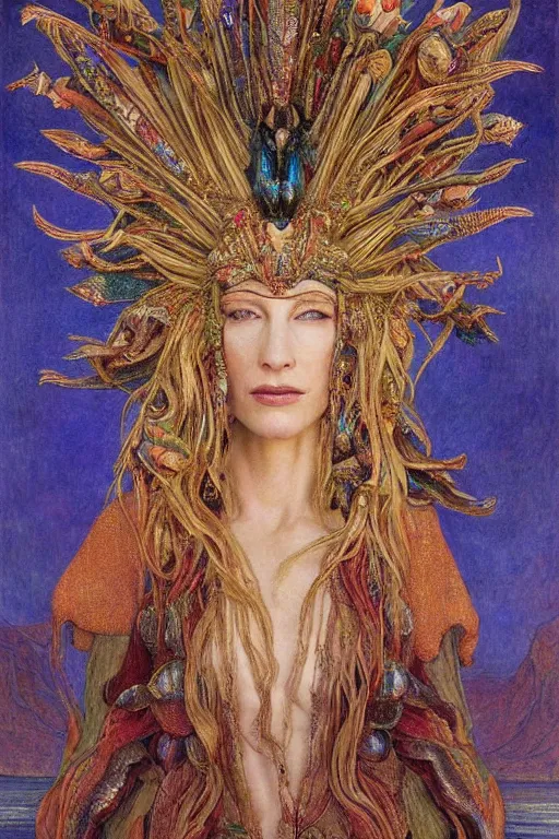 Image similar to cate blanchett , by jean delville and Gaston Bussière and Tino Rodriguez and Diego Rivera , elaborate headdress and embroidered velvet, iridescent beetles, rich color, dramatic cinematic lighting, extremely detailed