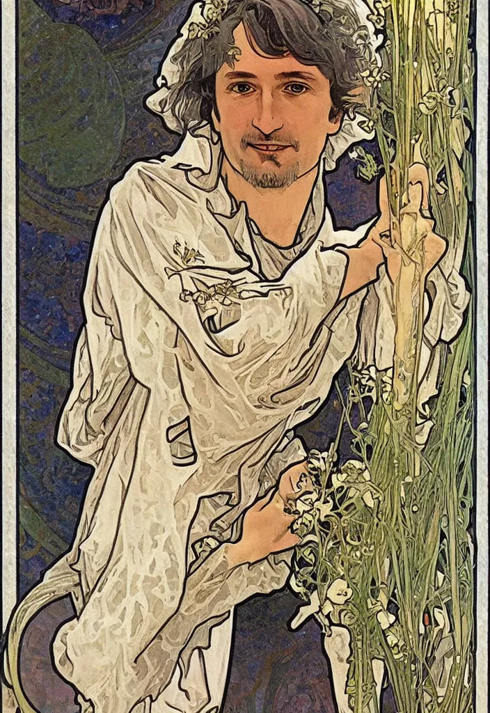 Image similar to realistic gray - haired geoffrey hinton on a tarot card, tarot in art style by alphonse mucha