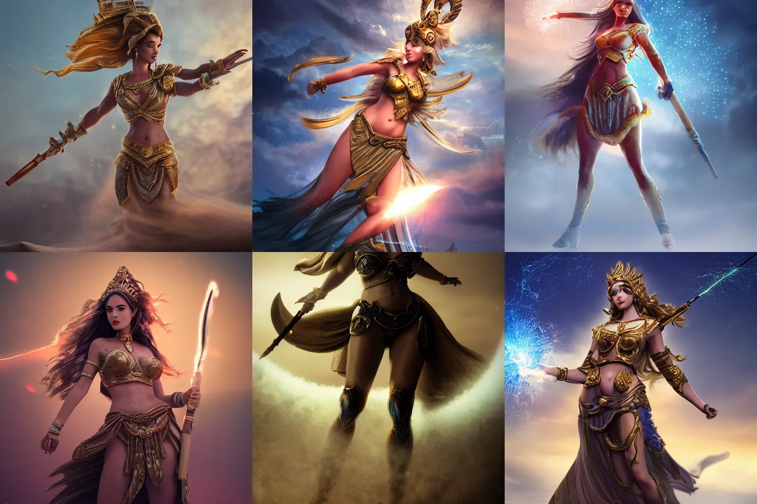 Prompt: a beautiful female goddess of sands character, character is in all its glory, character is centered on the image, character is in heroic pose with weapon, rim lights, particles and dust in the air, fancy clouds, highly detailed professional photo, dynamic lights, particles are flying, depth of field, trending on artstation, illustration, hyper realistic, vray caustics, super detailed, colorful accents, cinematic shot