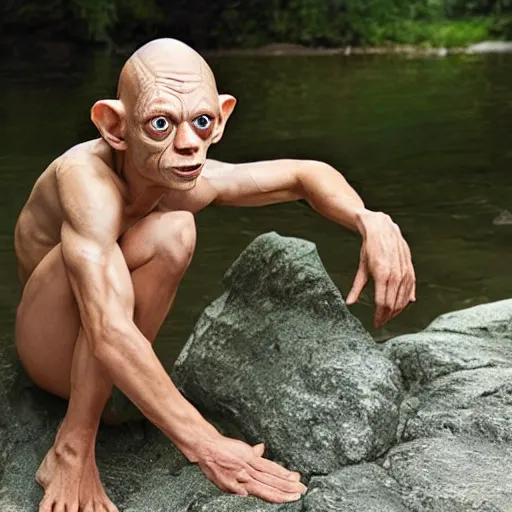 Image similar to gollum from lord of the rings, swimsuit modeling photoshoot, handsome gollum