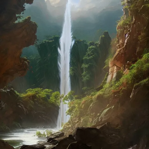 Image similar to A beautiful digital painting of a castle, waterfall, lovely valley by Stanley Artgerm Lau, frank frazetta, Rossdraws, James Jean, gerald brom, Andrei Riabovitchev, Marc Simonetti, and Sakimichan, trending on artstation