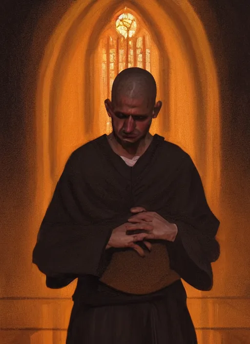 Prompt: oil painting of a weeping tonsured dominican monk in a brown habit, kneeling in a dark empty chapel, hazy, digital art, artstation, cinematic, golden hour, digital art painting by greg rutkowski, cozy atmosphere, cinematic lighting