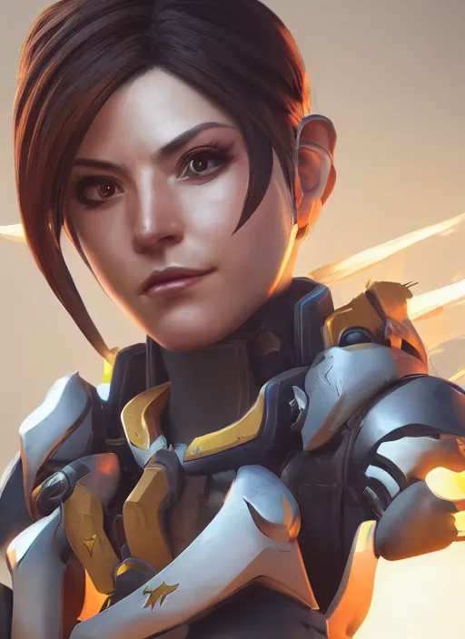Prompt: a hyper realistic portrait of a female warrior wearing overwatch armor, tracer, mercy from overwatch, concept art, photograpphy, realisitic, 8 k, vray, concept armor, artstation