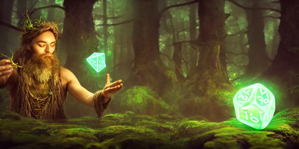 Image similar to a mythical, magical forest spirit wizard casting a spell on a 3 d cube dice, glowing energy, fantasy magic, by willian murai and jason chan and marco bucci, hyper detailed and realistic, illustration, sharp focus, cinematic, rule of thirds, foresthour