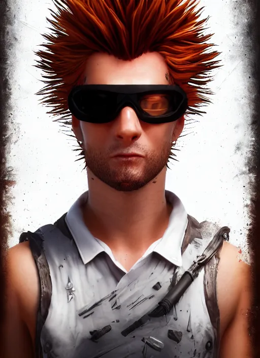 Image similar to An epic fantasy comic book style portrait painting of young man with red spiked long hair, using googles. Wearing a black waistcoat, white shirt. Unreal 5, DAZ, hyperrealistic, octane render, cosplay, RPG portrait, dynamic lighting