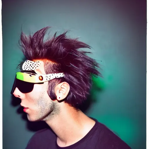 Prompt: kodak portra 1 6 0 photograph of a skinny nerdy goth guy with wild hair wearing goggles and eclectic jewelry, moody lighting, telephoto, 9 0 s vibe, rave background, vaporwave colors, faded!,