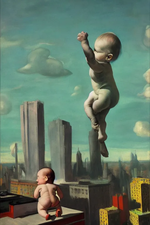 Image similar to evil human giant baby in a diaper, grows up to the sky, against the backdrop of destroyed high - rise building, hauntingly surreal, highly detailed painting by francis bacon, edward hopper, adrian ghenie, gerhard richter, and james jean soft light 4 k,