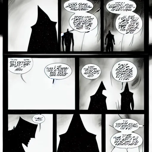 Prompt: a sketchy comic book page with a tall man dressed in a black coat, messy black heair, in a dark room with saint lights, foggy, there is a glimpse of the cosmos where there are shadows, mystery in a big cosmic eye in the background, sandman, morpheus, 1 0 0 mm lens, fashion photoshooting,,