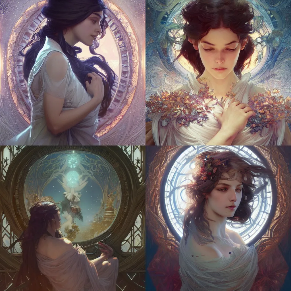 Prompt: Dream of better days, fantasy, intricate, elegant, highly detailed, digital painting, artstation, concept art, matte, sharp focus, illustration, art by Artgerm and Greg Rutkowski and Alphonse Mucha