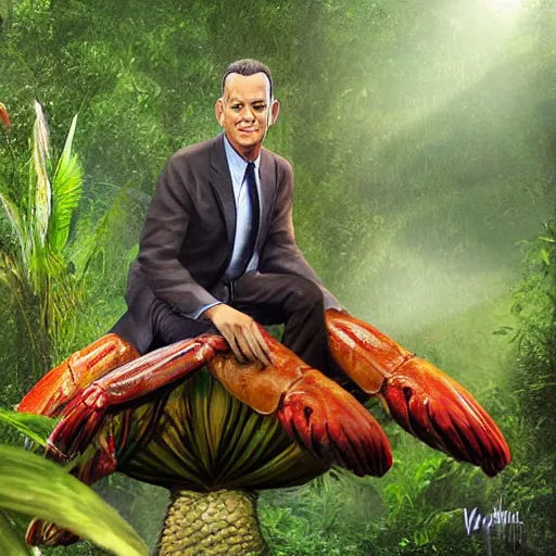 Image similar to Tom Hanks as forrest gump sitting on a giant shrimp in the jungle, realistic digital painting, in the style of Vitaly Samarin Alexiu, photoreailstic, realistic face, amazing detail, sharp