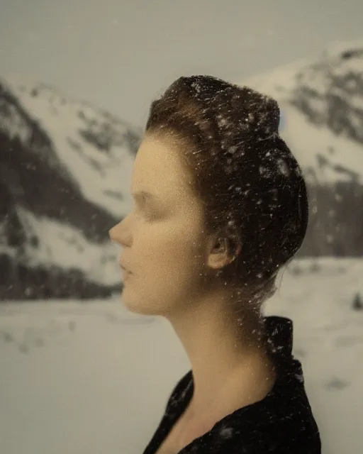 Image similar to a woman's face in profile, made of a snow capped Swiss mountain, in the style of the Dutch masters and Gregory Crewdson, dark and moody