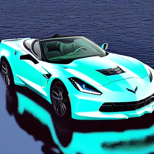 Image similar to a small dark luminous turquoise color liquid water sculpture is hybrid of a corvette convertible, viscous, reflective, monochromatic, digital art